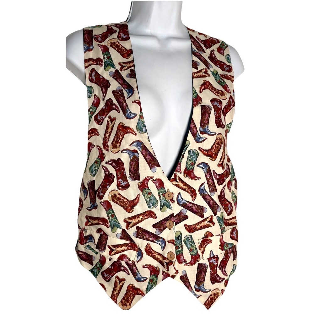 Retro 90s JLN USA Novelty Vest Cowboy Boots All Over Print  Women M Rodeo